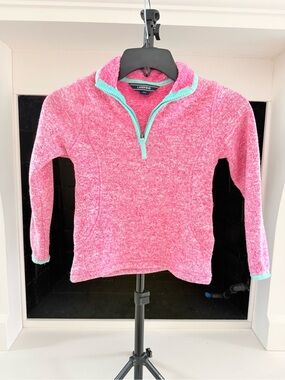 Lands' End Pink Fuzzy Quarter-Zip Pullover with Mint Trim
